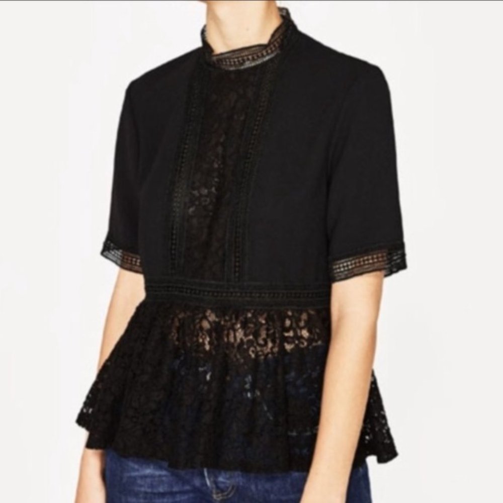 Zara Women’s Black Peplum Top with Lace Detail